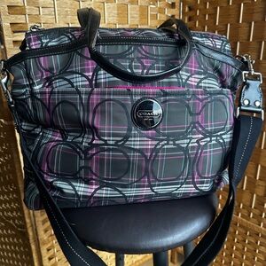 Coach Black Plaid Tote with Pink Accents